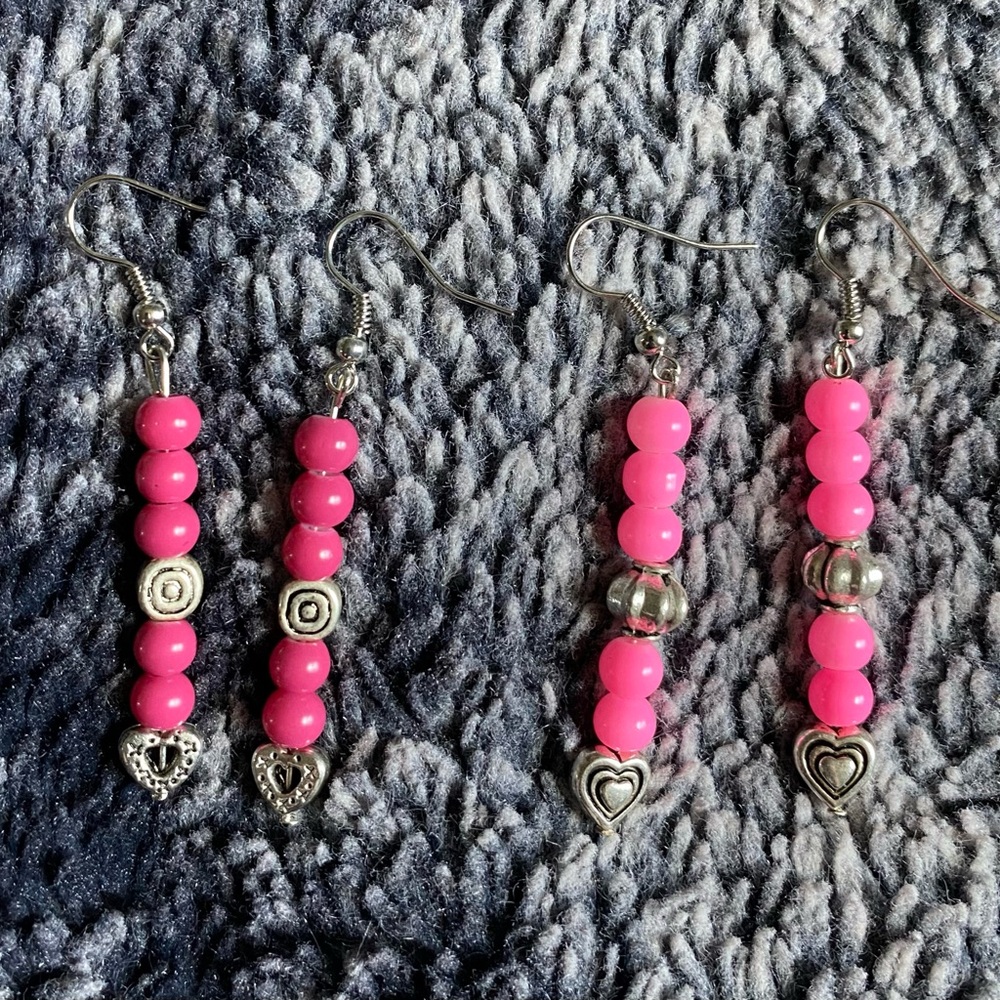 Handmade Pink & Silver Beaded Dangle Drop Earrings Set (2)
